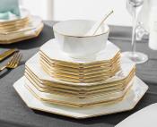 Service de table en porcelaine 50 pièces blanc doré avec soupière 