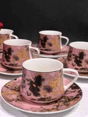 Service de 6 petites tasse a café rose effet marbré doré noir 